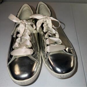 Kate Spade & Keds Size 11 Metallic Silver Sneakers with Satin Ribbon Laces